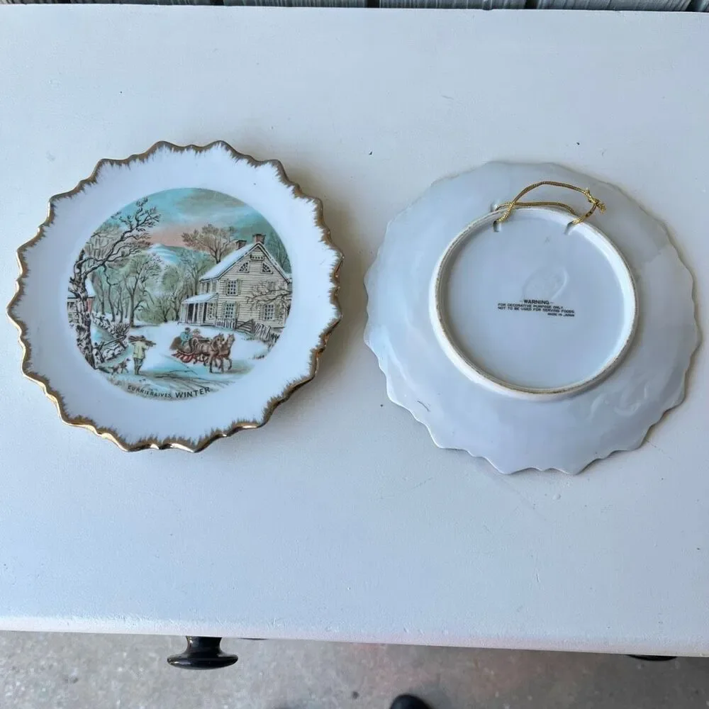 VTG Currier & Ives Autumn & Winter Plates 7.25” Gold Trim Wall Decor Set of 2